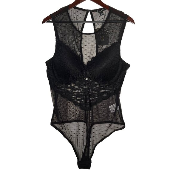 INC International Concepts XXL Sheer Black Lace Bodysuit Swiss Dot Mesh Feminine - Picture 1 of 16
